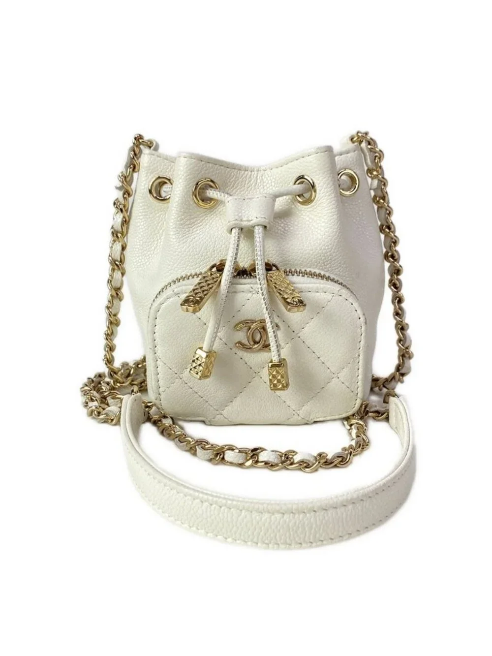 Chanel Shoulder Bag White Drawstring Gold Chain